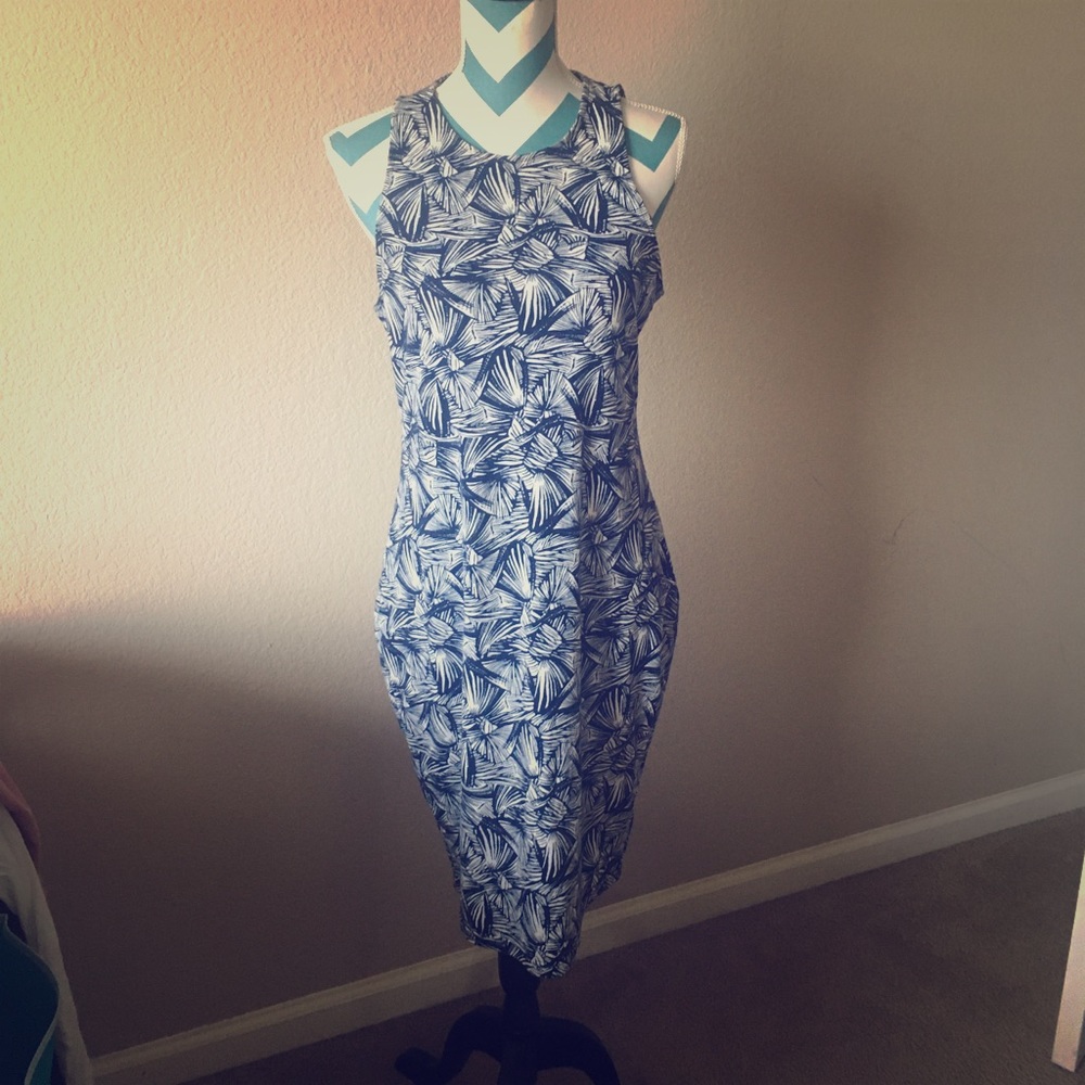Blue and white palm print dress